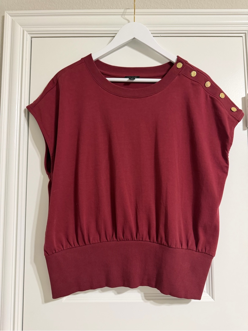 Ann Taylor Burgundy Short-Sleeve Elevated Sweatshirt with Gold Buttons